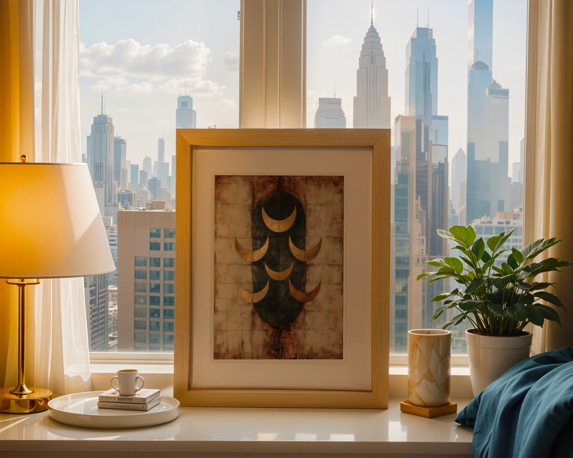 Ancient Moon Phases Gold Patina Seven Crescents in room