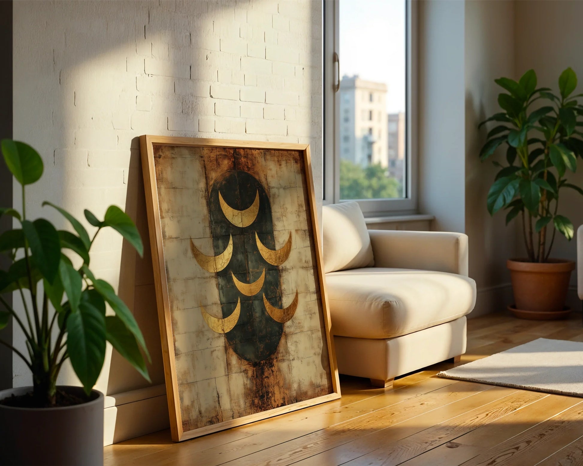 Ancient Moon Phases Gold Patina Seven Crescents in room