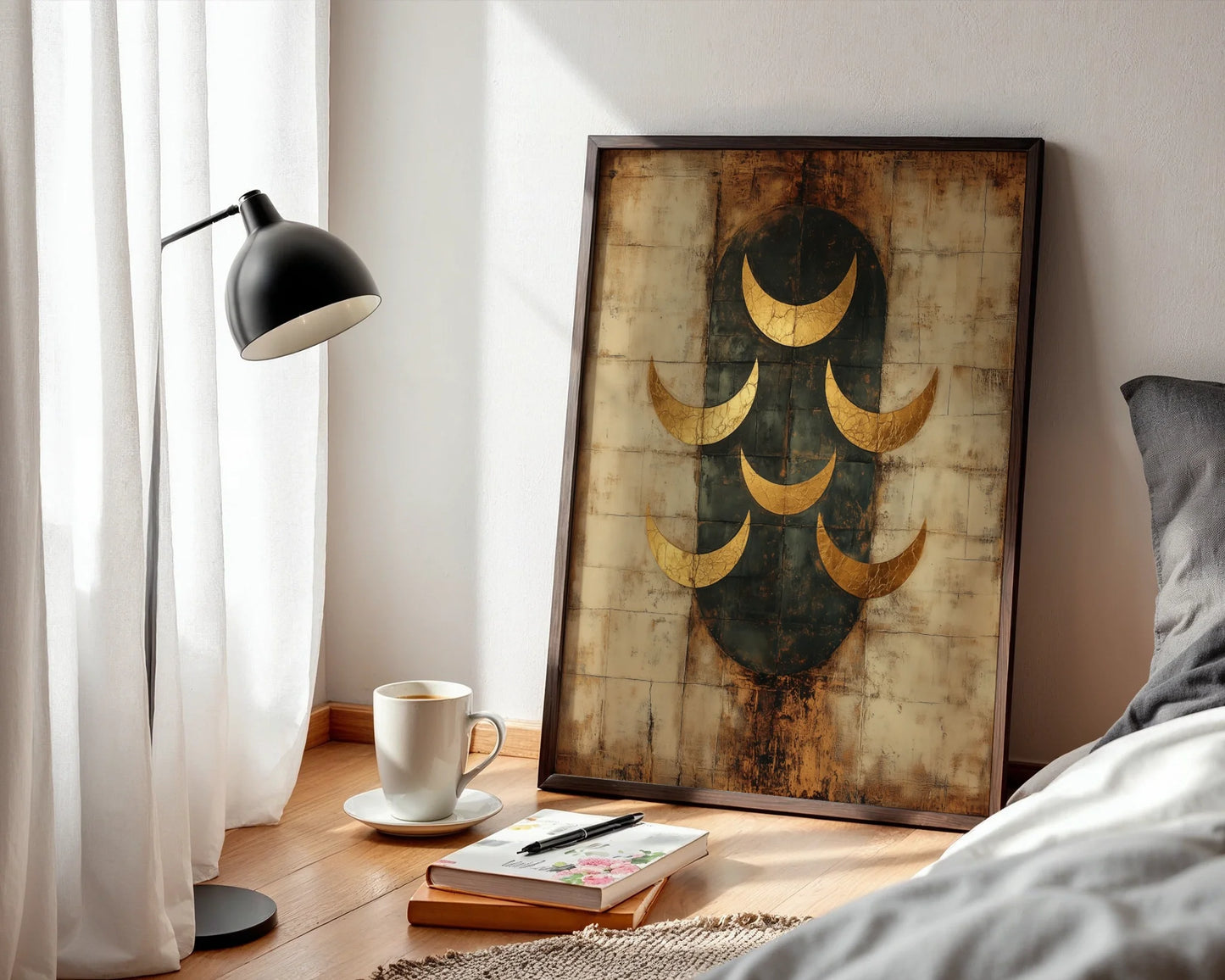 Ancient Moon Phases Gold Patina Seven Crescents Canvas Wall Art — Earthy wall hanging with tarnished metal textures perfect for natural home decor aesthetics