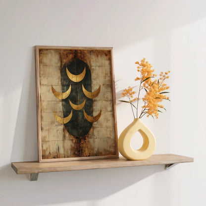 Ancient Moon Phases Gold Patina Seven Crescents Canvas Wall Art — Celestial-themed canvas art showing crescent shapes for mystical bohemian interior styling