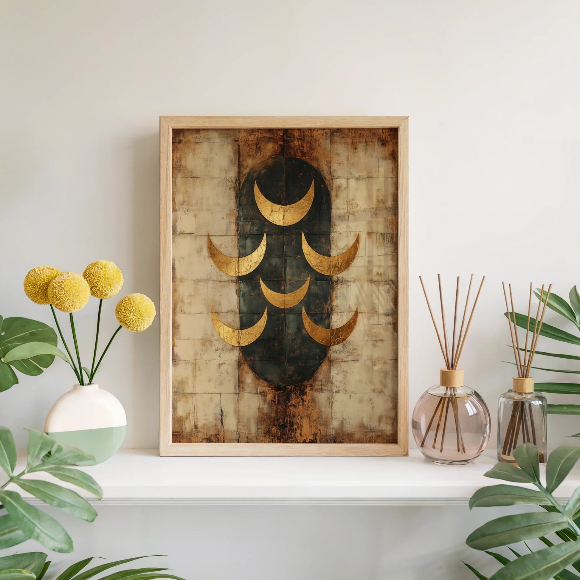 Ancient Moon Phases Gold Patina Seven Crescents in room