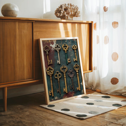 Skeleton Key Collection Dark Academia Nine Keys Canvas Art — Burnished copper toned keys with rich patina texture creating warm metallic accent for walls