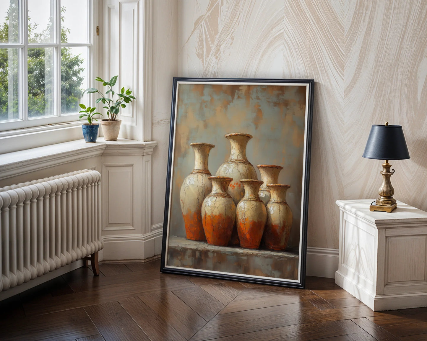 Terracotta Pottery Six Ancient Vessels Boho Canvas Wall Art — Minimalist canvas showcasing weathered clay urns in desert lighting for contemporary home styling