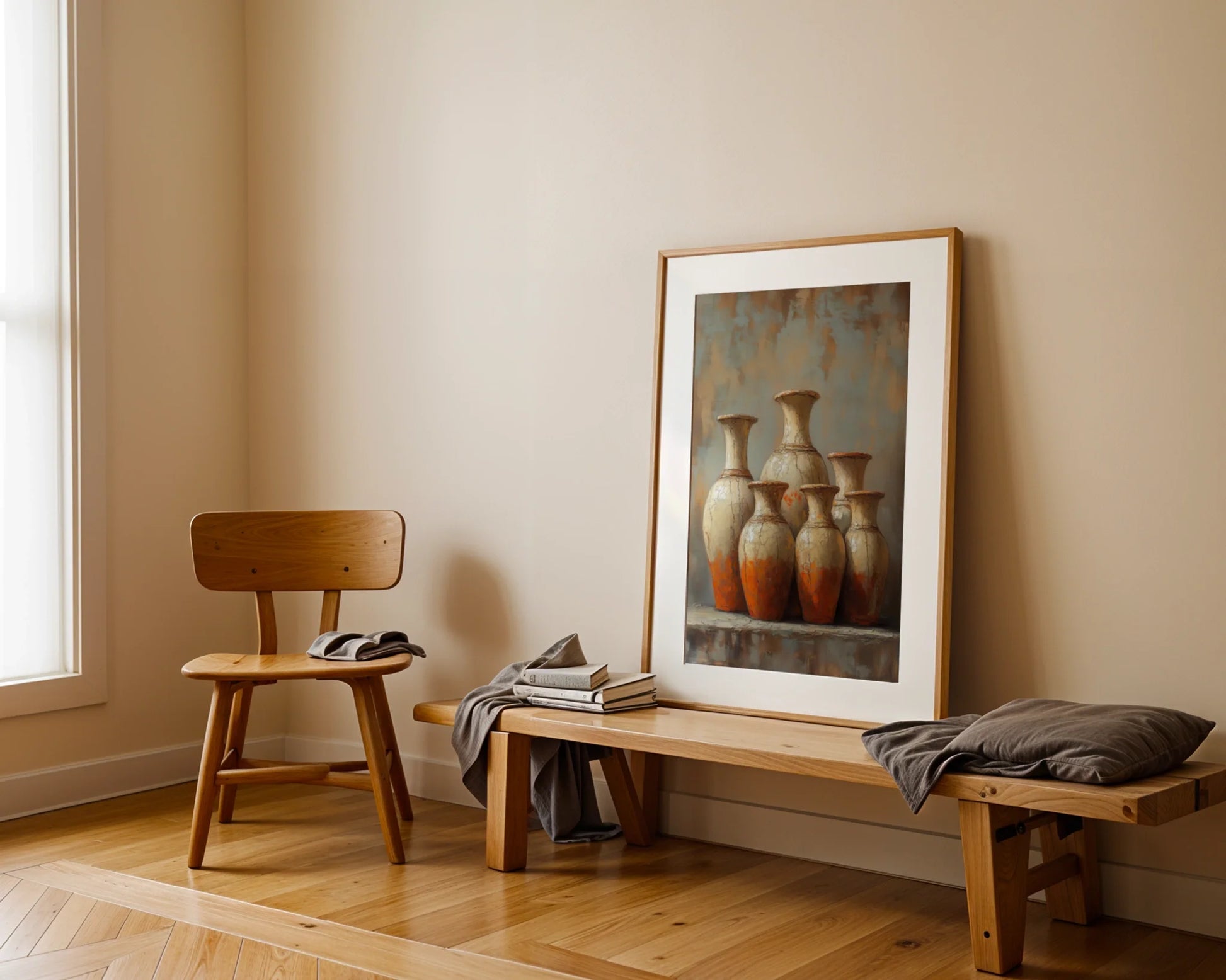 Terracotta Pottery Six Ancient Vessels Boho Canvas Wall Art — Artisan-style canvas displaying time-worn earthenware vessels for curated interior spaces