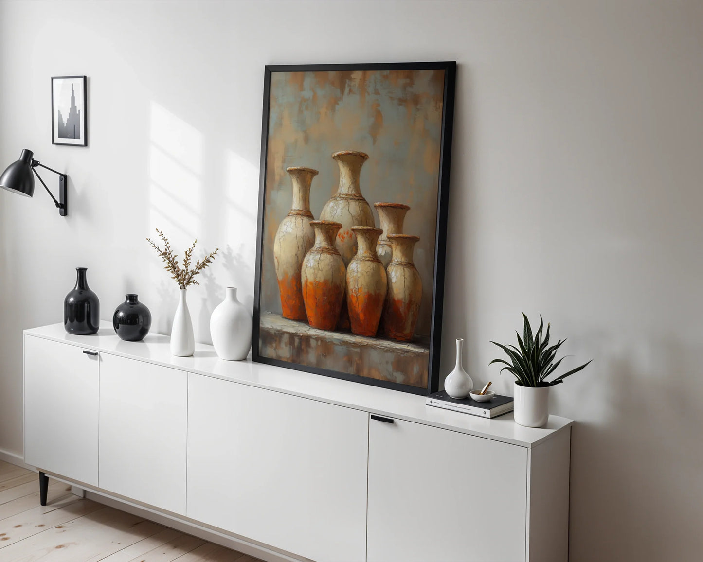 Terracotta Pottery Six Ancient Vessels Boho Canvas Wall Art — Vintage-look print of distressed clay jars creates warmth in modern farmhouse decor