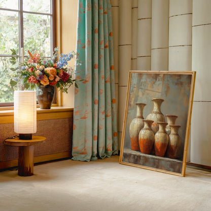 Terracotta Pottery Six Ancient Vessels Boho Canvas Wall Art — Neutral-toned artwork showing desert pottery collection for serene home aesthetics