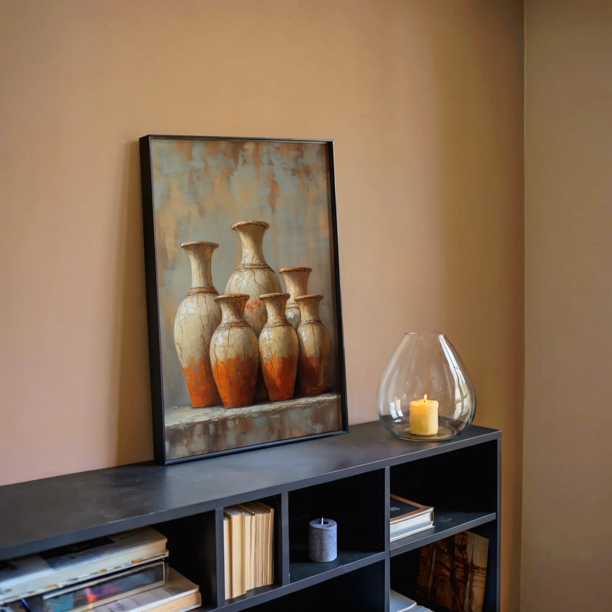 Terracotta Pottery Six Ancient Vessels Boho Canvas Wall Art — Burnt orange and cream canvas with textured ceramic surfaces for earthy color schemes
