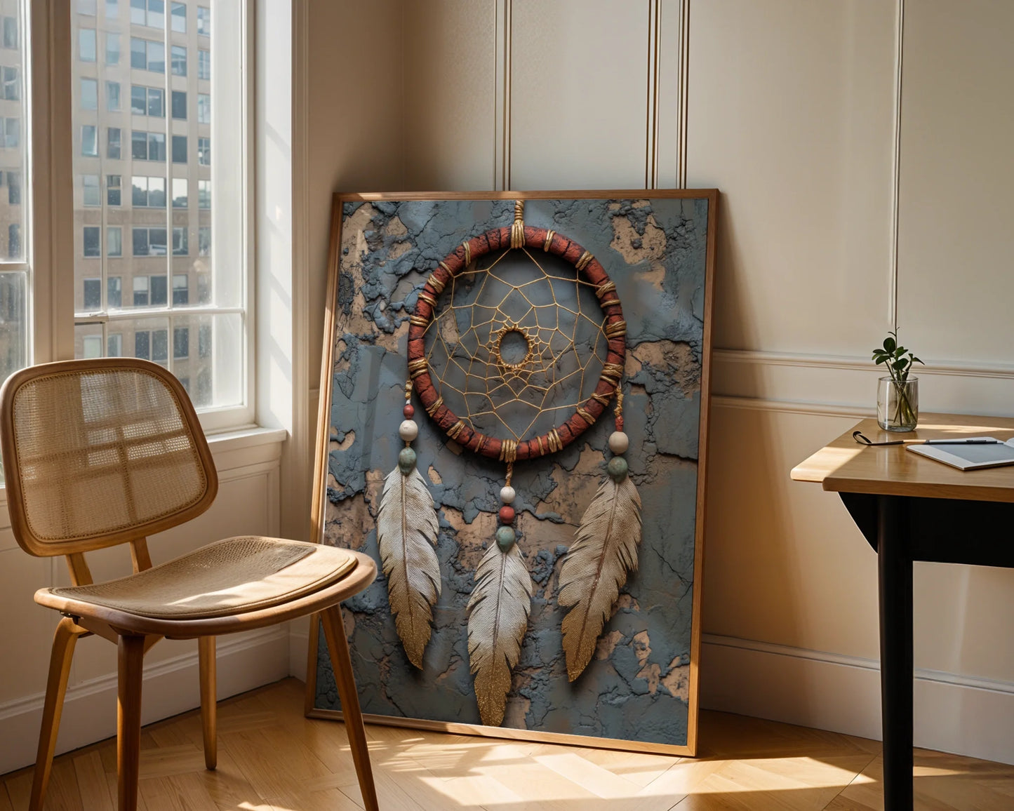 Dreamcatcher Wall Art Boho Leather Wrapped Canvas Print — Southwestern-inspired artwork featuring traditional woven hoop with dangling plumes for bohemian interiors