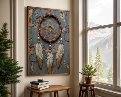 Dreamcatcher Wall Art Boho Leather Wrapped Canvas Print — Desert-themed canvas displaying cracked turquoise backdrop with tribal hanging ornament for rustic decor