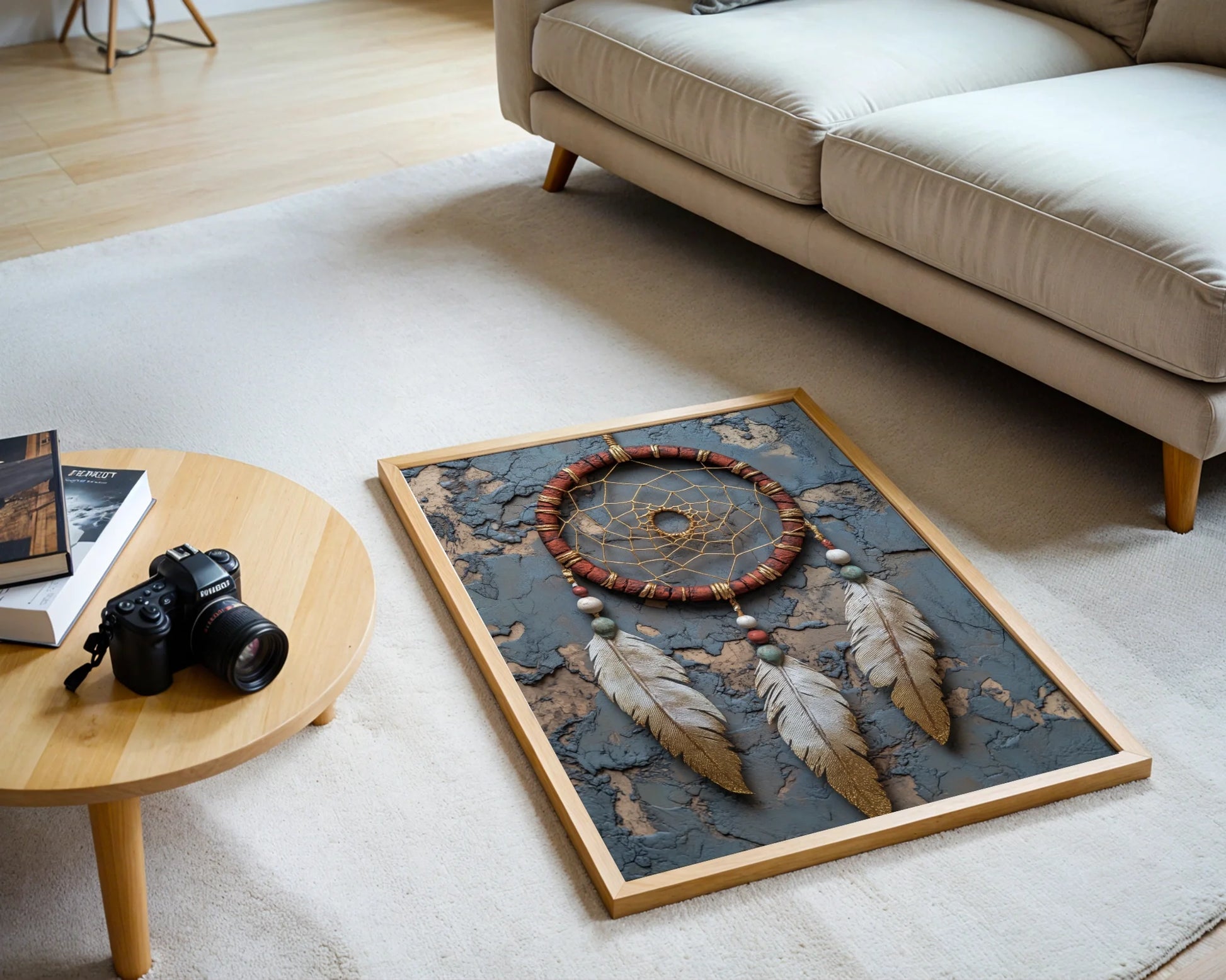 Dreamcatcher Wall Art Boho Leather Wrapped Canvas Print — Artisan-crafted canvas featuring ceremonial web design with natural elements for rustic home styling