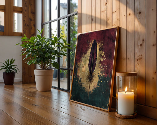 Rustic Feather Wall Art Obsidian Copper Patina Canvas Print — Scholarly aesthetic meets nature with this dramatic single feather artwork displayed in neutral academic decor
