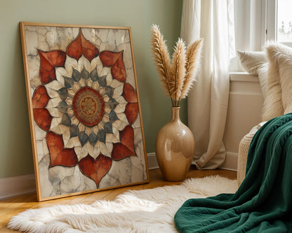 Lotus Mandala Canvas Wall Art - Temple Stone Cracked Texture — Artistic canvas showing distressed floral patterns carved into aged masonry for contemporary spaces