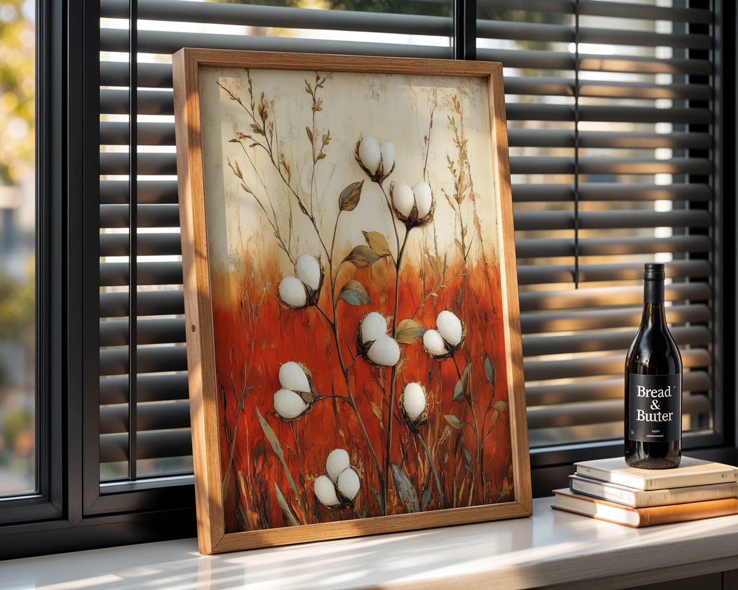 Cotton Field Autumn Prairie Grass Farmhouse Canvas Wall Art — Rustic canvas showing weathered meadow with fluffy white bolls for country home decor styling