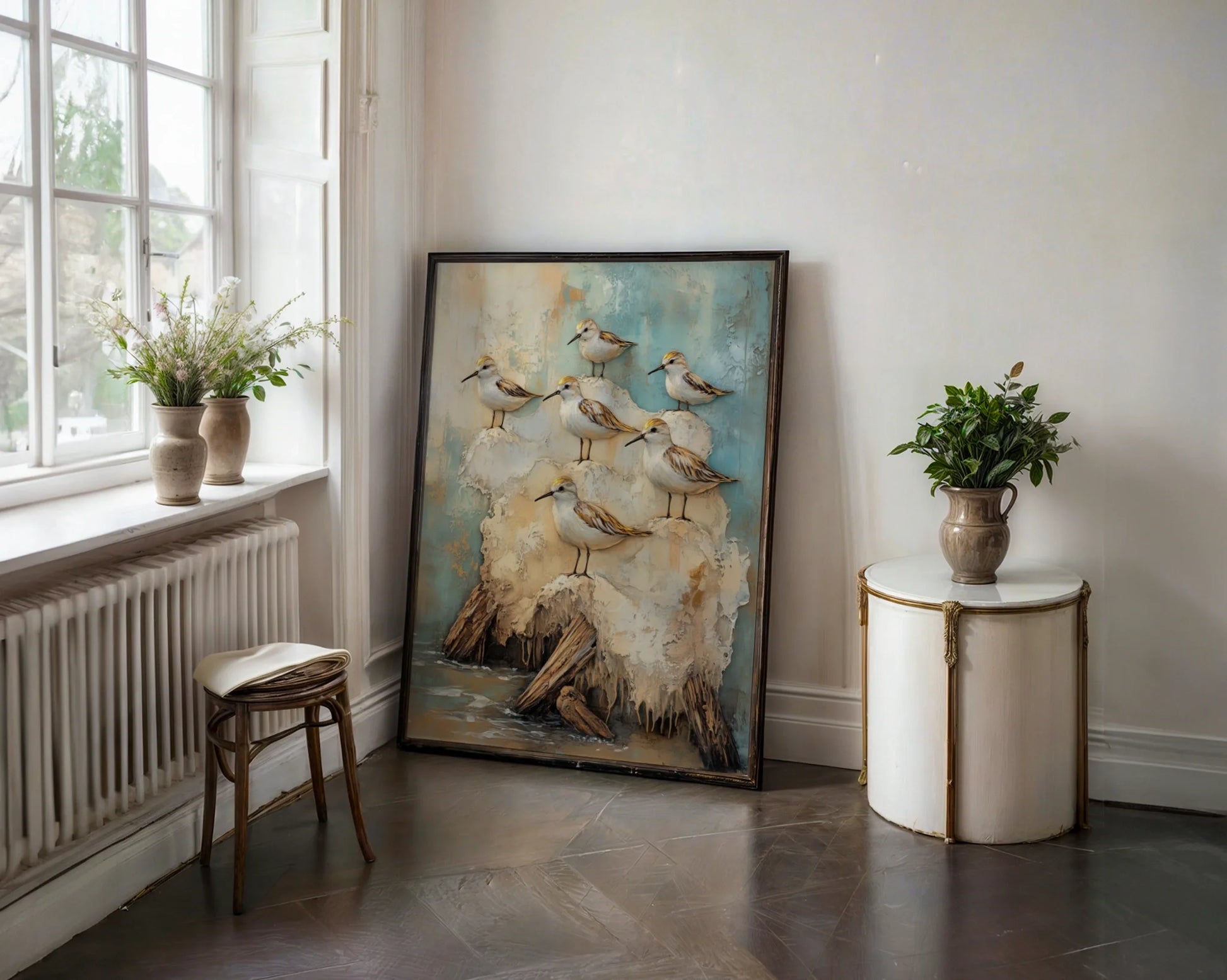 Coastal Birds on Driftwood Canvas Wall Art Soft Blue Gray — Modern canvas artwork featuring watercolor seabirds resting on aged timber for contemporary coastal decor