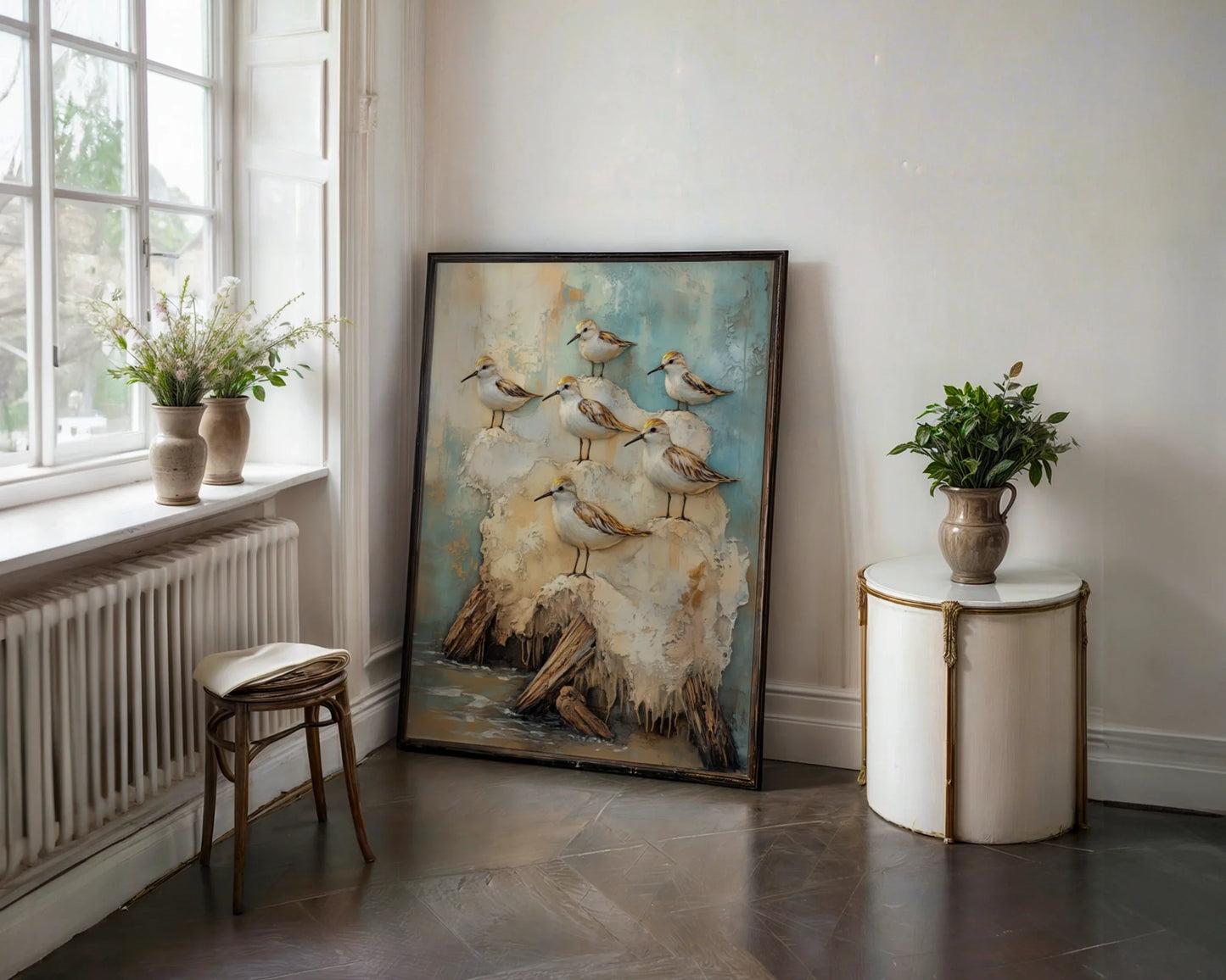 Coastal Birds on Driftwood Soft Blue Gray in room