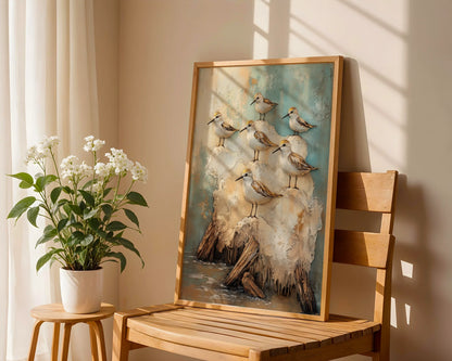 Coastal Birds on Driftwood Soft Blue Gray in room
