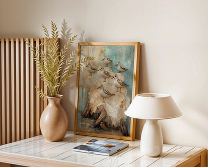 Coastal Birds on Driftwood Canvas Wall Art Soft Blue Gray — Soft gray canvas depicting small winged visitors through morning haze for serene seaside home styling