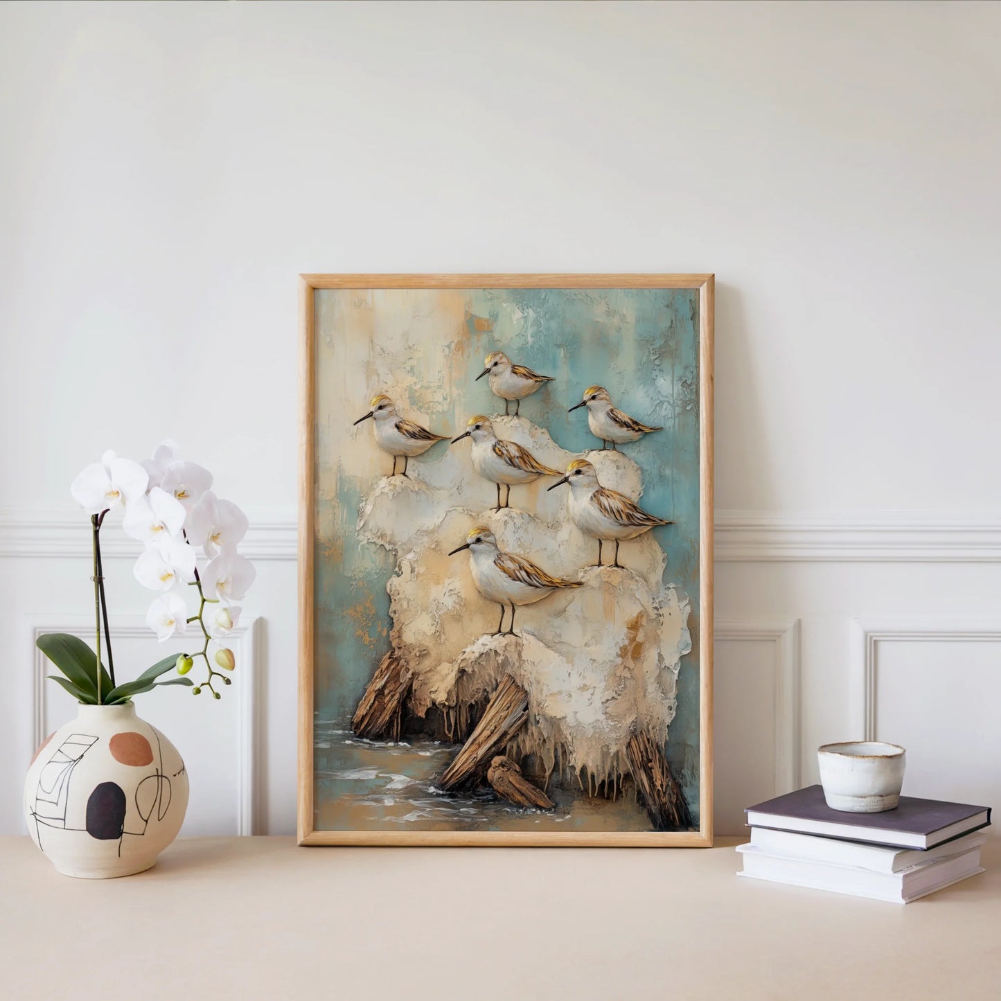 Coastal Birds on Driftwood Soft Blue Gray in room