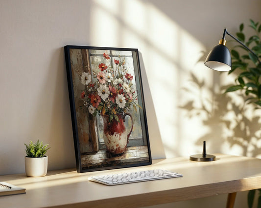 Rustic Floral Cosmos Pitcher Farmhouse Canvas Wall Art — Canvas art featuring cottage-style florals in ceramic vessel for cozy farmhouse home decor spaces