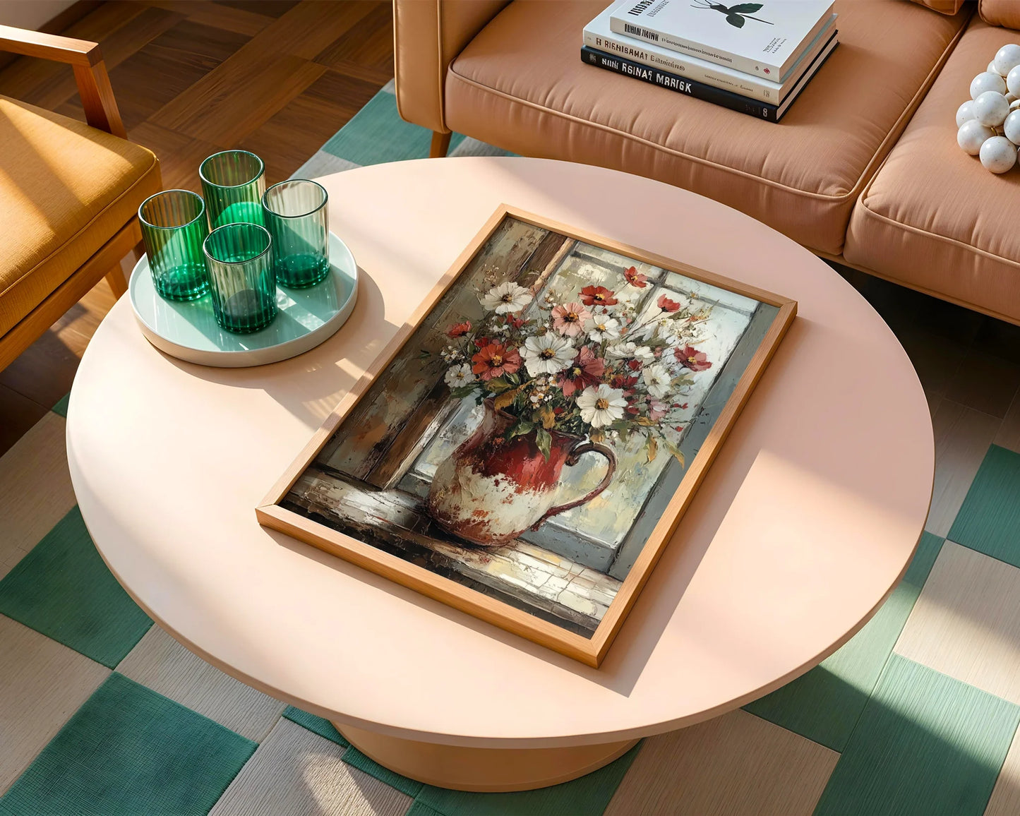 Rustic Floral Cosmos Pitcher Farmhouse Canvas Wall Art — Aged floral still life artwork displayed in modern home showcasing rustic decorating aesthetic