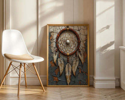 Native American Dreamcatcher Adobe Wall Canvas Art Eagle Feather — Bohemian canvas print featuring sacred symbol against weathered clay texture for eclectic home decor