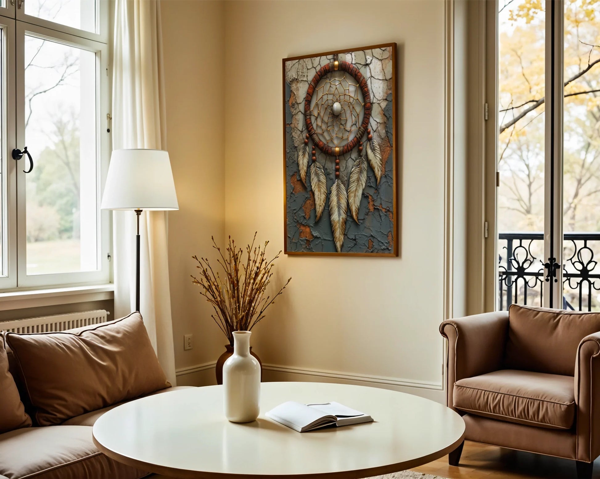 Native American Dreamcatcher Adobe Wall Canvas Art Eagle Feather — Minimalist boho artwork showcasing feathered talisman on rough plaster background for modern spaces