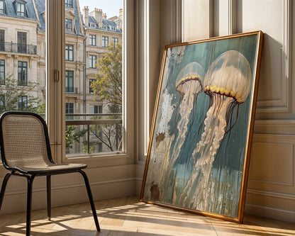 Coastal Jellyfish Art Rustic Weathered Wood in room