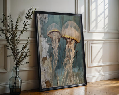 Coastal Jellyfish Art Rustic Weathered Wood in room