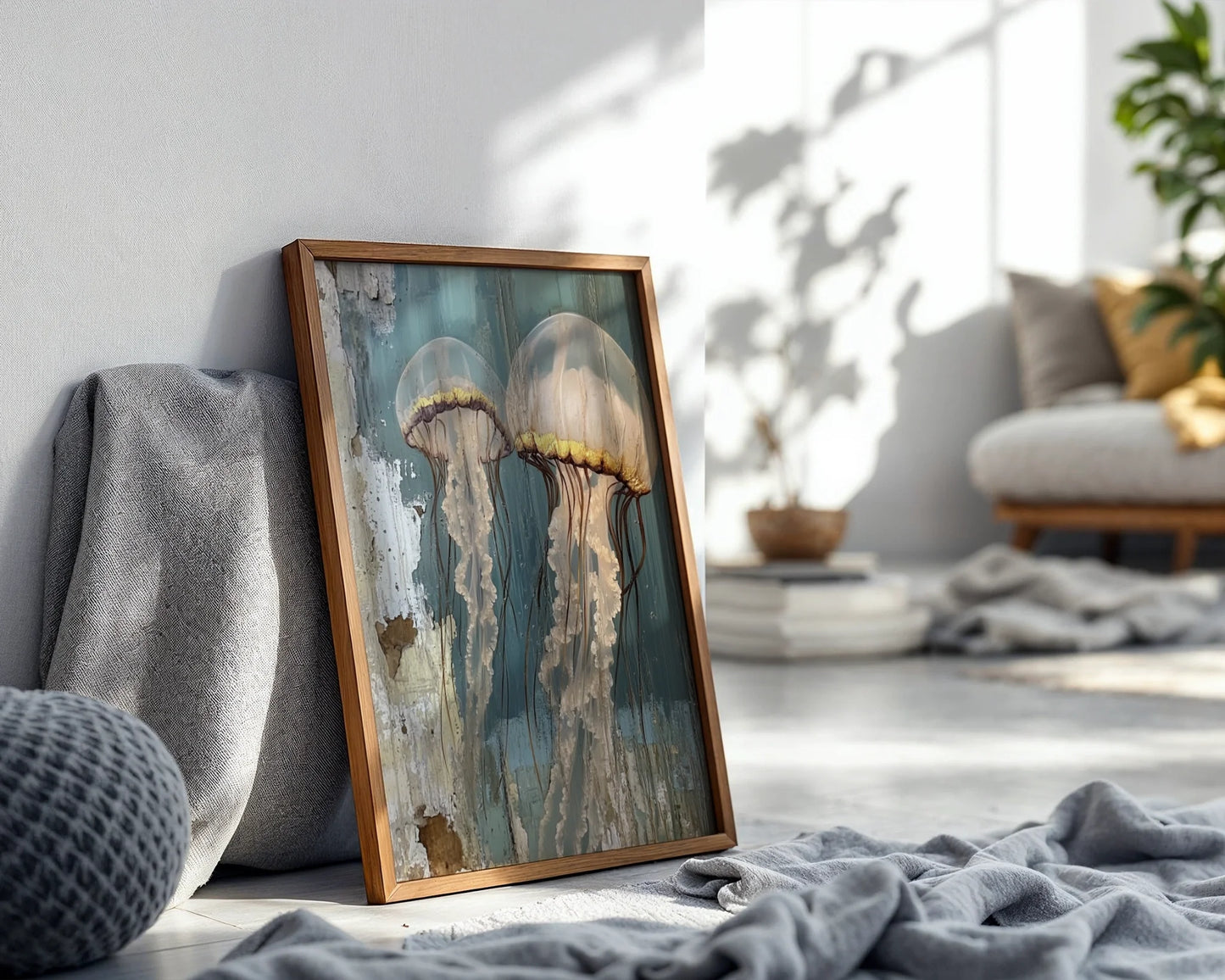 Coastal Jellyfish Art Rustic Weathered Wood in room