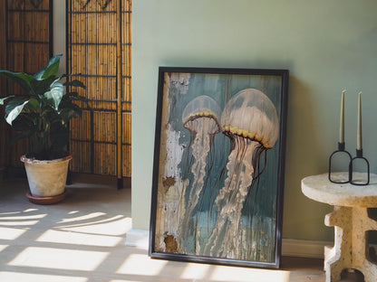 Coastal Jellyfish Art Rustic Weathered Wood in room