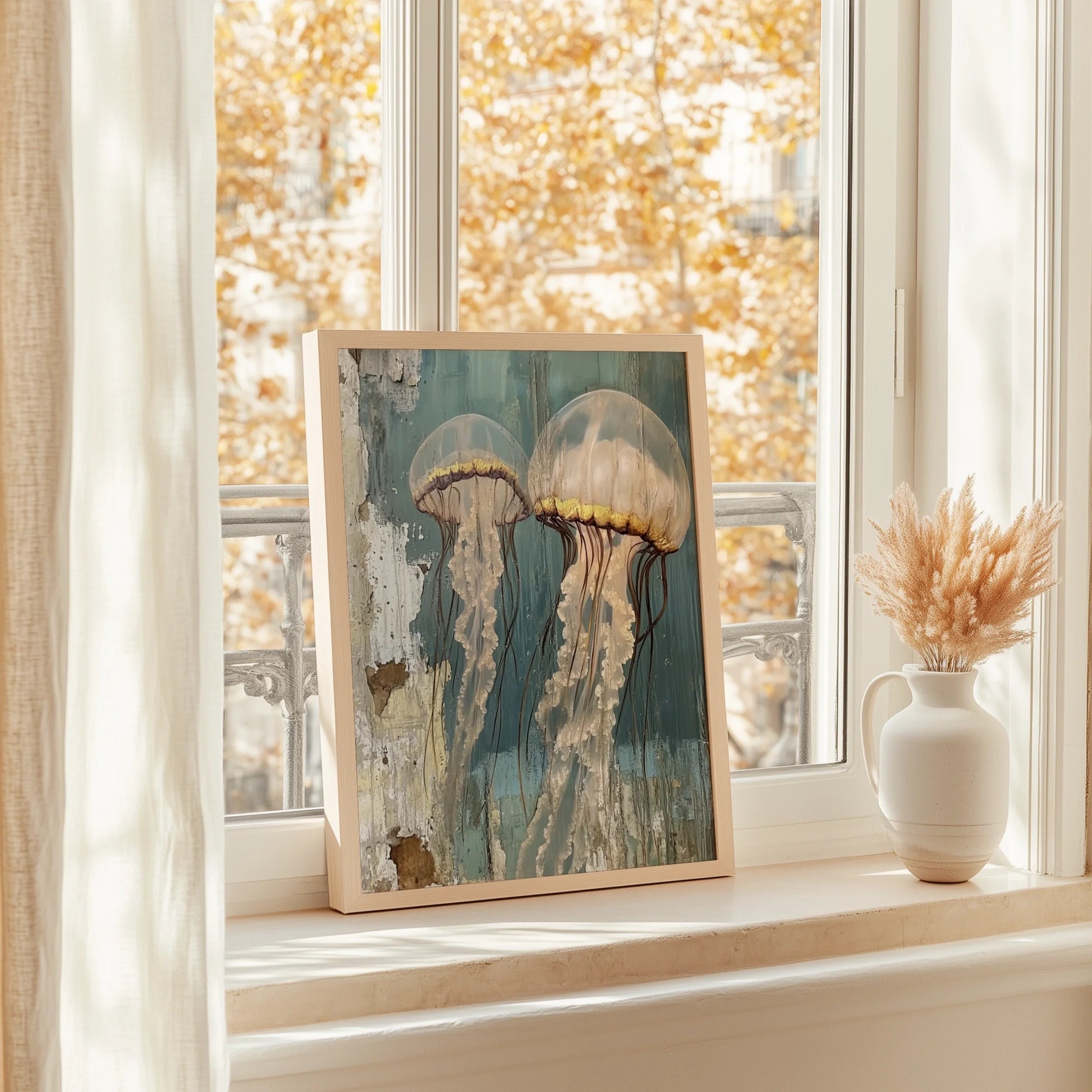 Coastal Jellyfish Art Rustic Weathered Wood Canvas Wall Art — Sage green ocean canvas with creamy ivory accents showing textured paint layers for serene home decorating