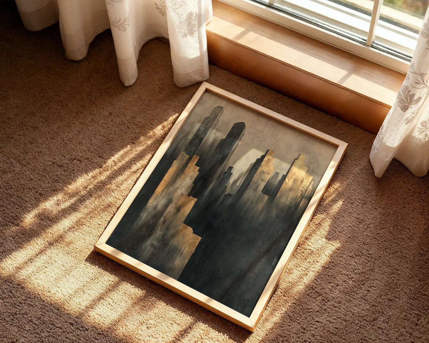 Golden Brown Cityscape Towers Shadow Valley Canvas Wall Art — Canvas print showcasing dramatic skyscrapers in sophisticated charcoal tones for contemporary home styling