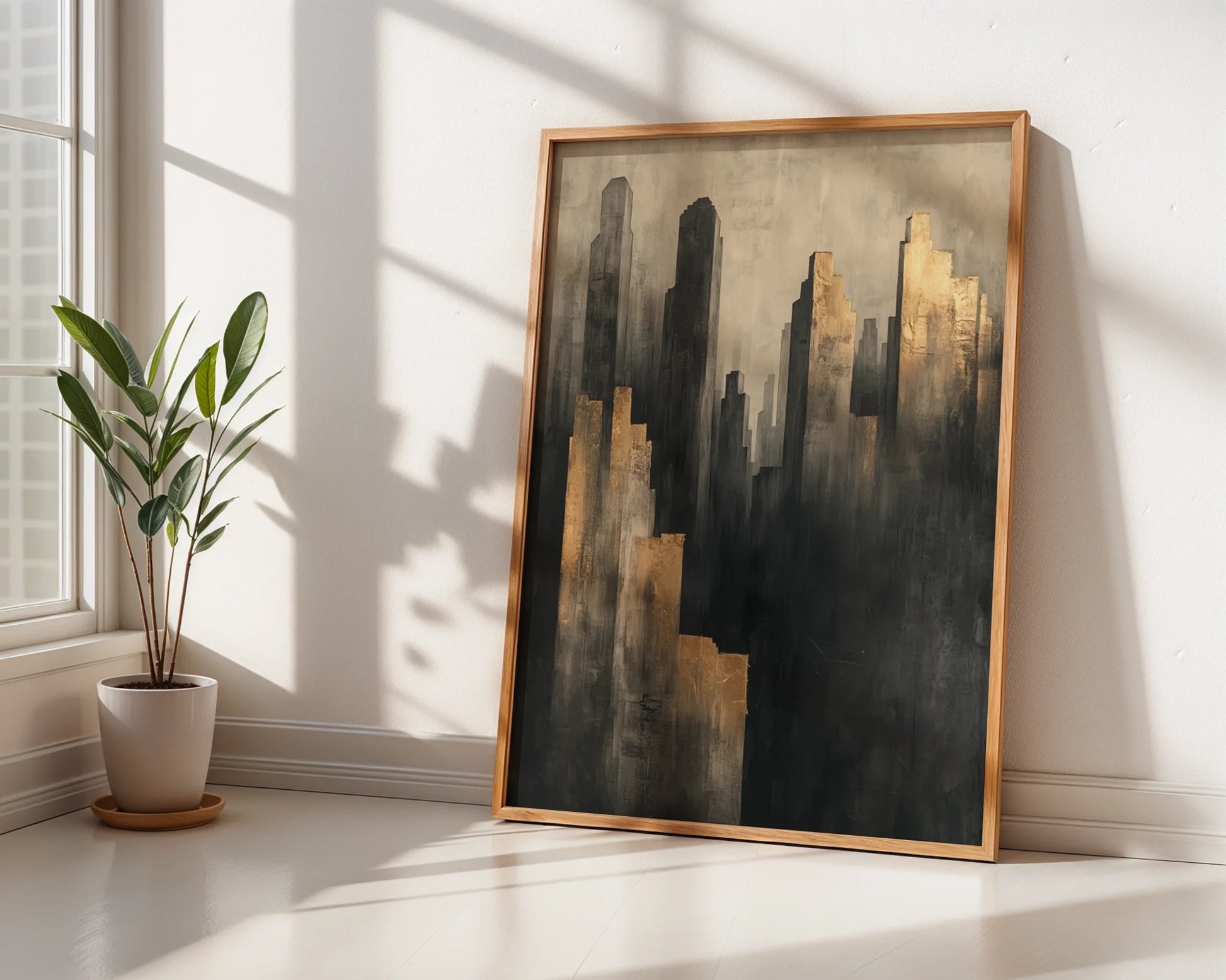 Golden Brown Cityscape Towers Shadow Valley Canvas Wall Art — Industrial skyline emerges through haze on textured canvas perfect for modern sophisticated spaces