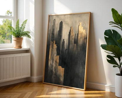 Golden Brown Cityscape Towers Shadow Valley Canvas Wall Art — Towering forms break through cloudy atmosphere in this refined canvas piece for upscale home styling