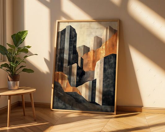 Copper Geometric Canyon Monolith Luxury Canvas Wall Art — Sleek industrial canvas showcasing towering forms within rugged terrain for contemporary home styling