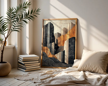 Copper Geometric Canyon Monolith Luxury Canvas Wall Art — Bold artistic print displaying layered shapes and ancient formations for sophisticated interiors
