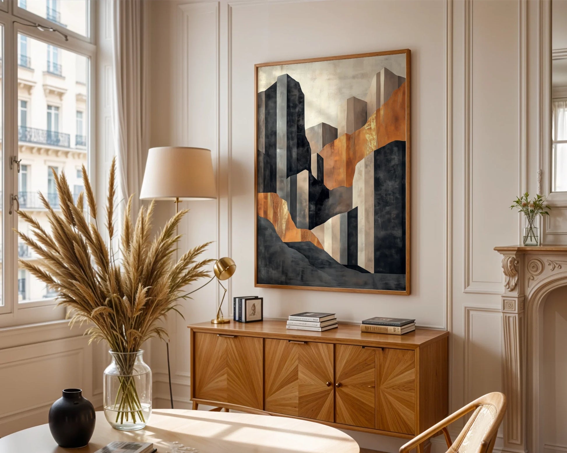 Copper Geometric Canyon Monolith Luxury Canvas Wall Art — Clean-lined wall piece presenting shadowy columns amid atmospheric haze in elegant home design
