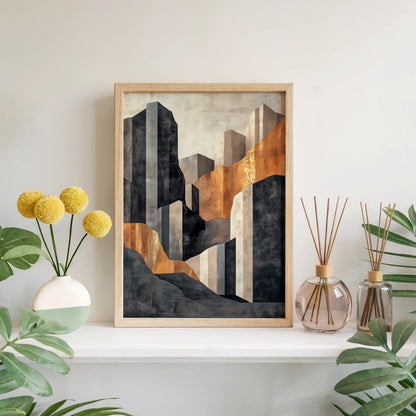 Copper Geometric Canyon Monolith Luxury Canvas Wall Art — Upscale canvas displaying dramatic vertical elements rising through misty desert scenery