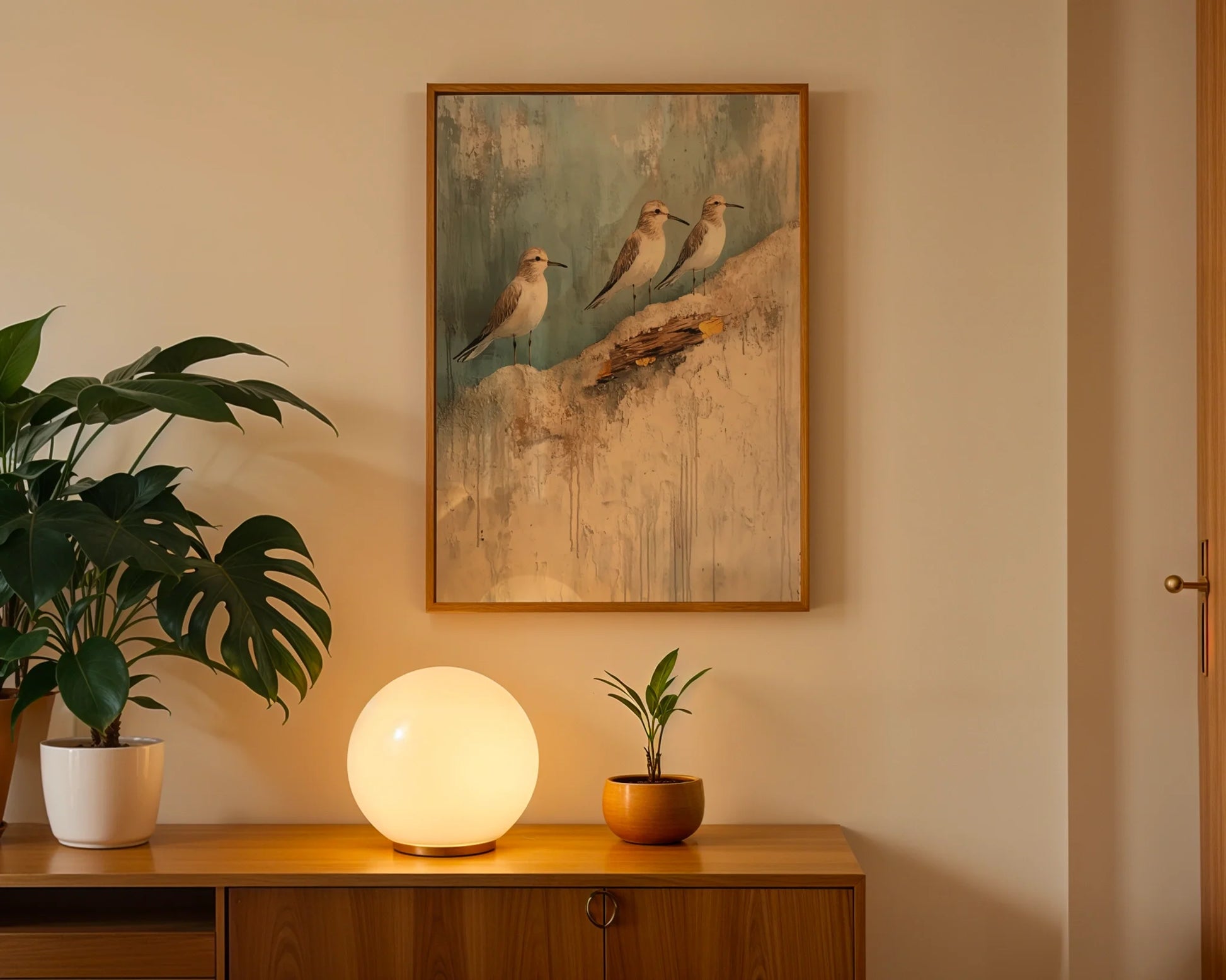 Coastal Birds Canvas Wall Art - Three Shore Birds on Cliffs — Modern coastal style canvas featuring three seabirds perched on rocky outcrops above misty waters