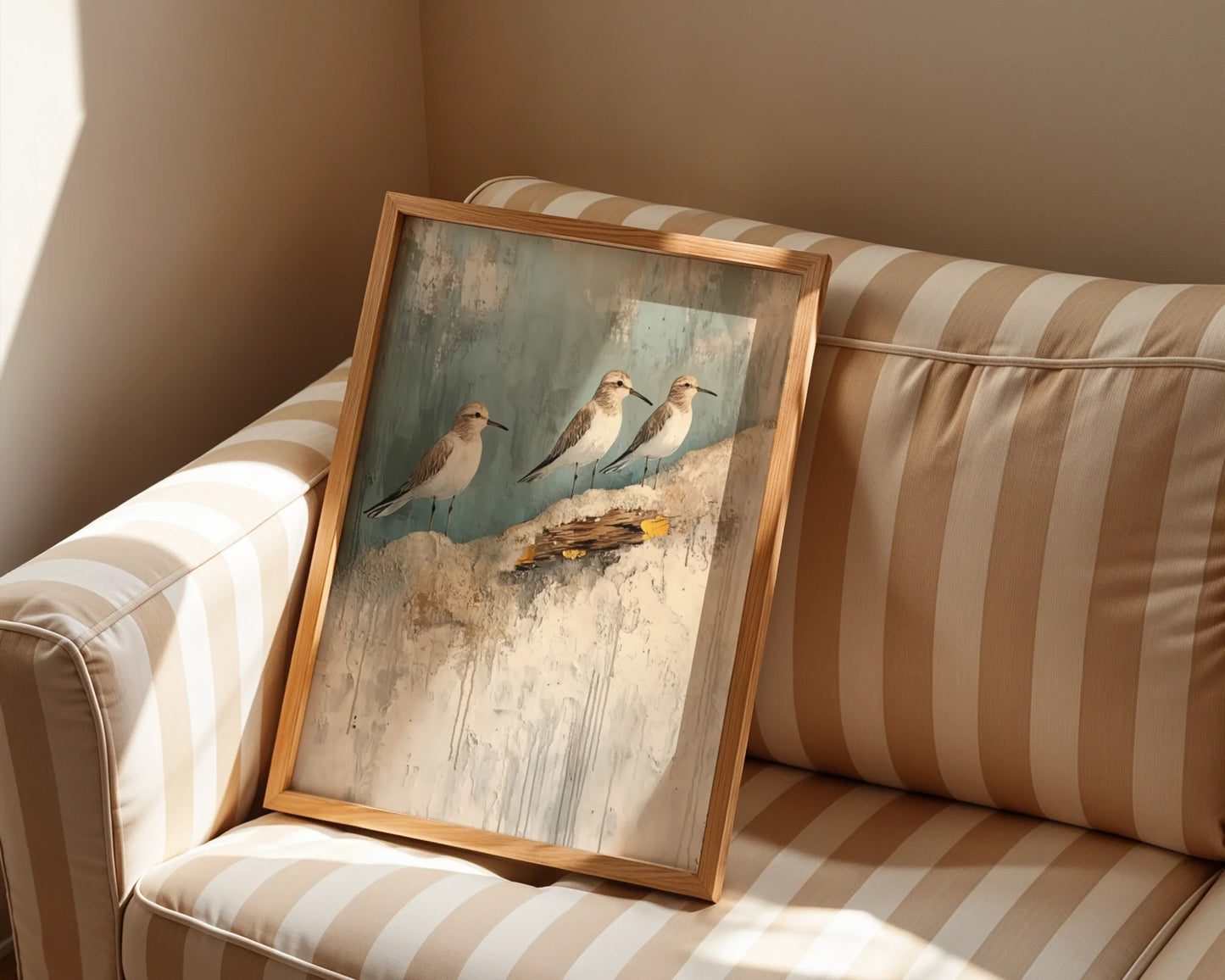Coastal Birds Canvas Wall Art - Three Shore Birds on Cliffs — Minimalist beach house artwork showing trio of gulls resting on eroded stone formations