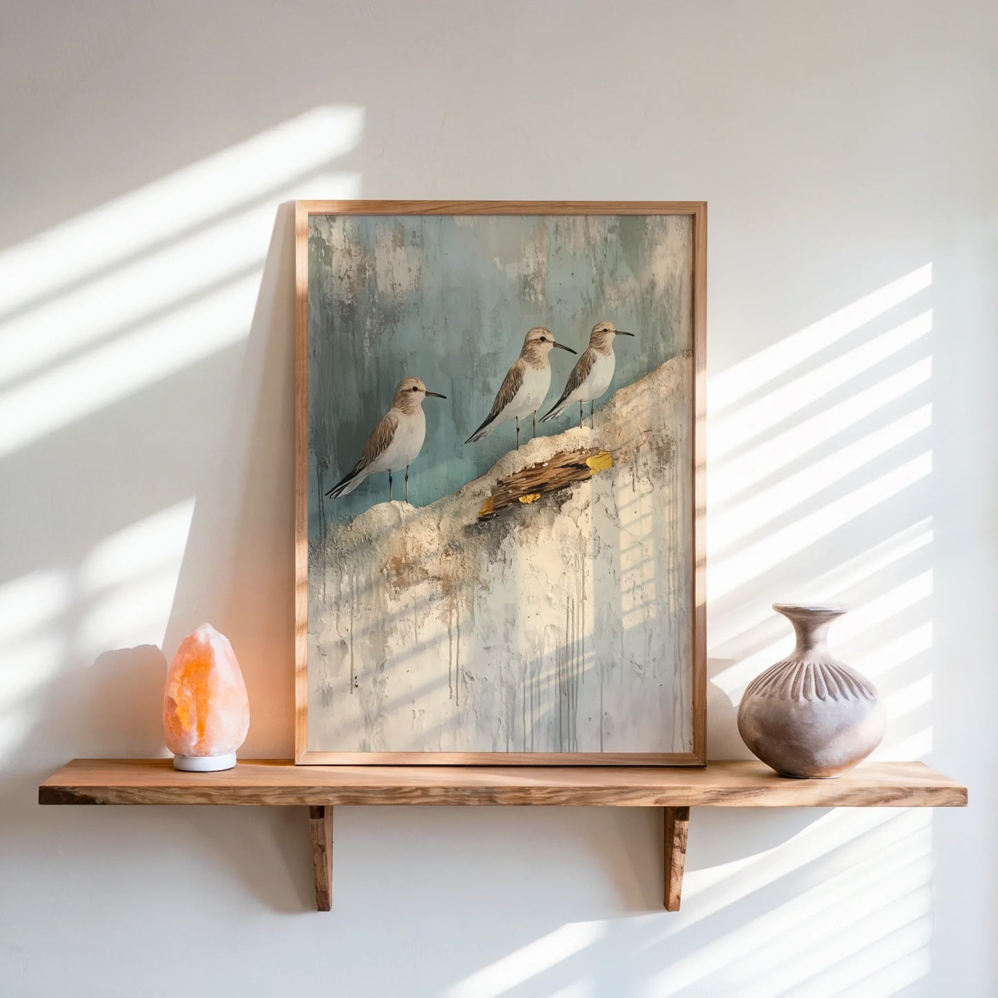 Coastal Birds Canvas Wall Art - Three Shore Birds on Cliffs — Clean ocean-themed artwork featuring seabirds on ancient stone bluffs in sage tones