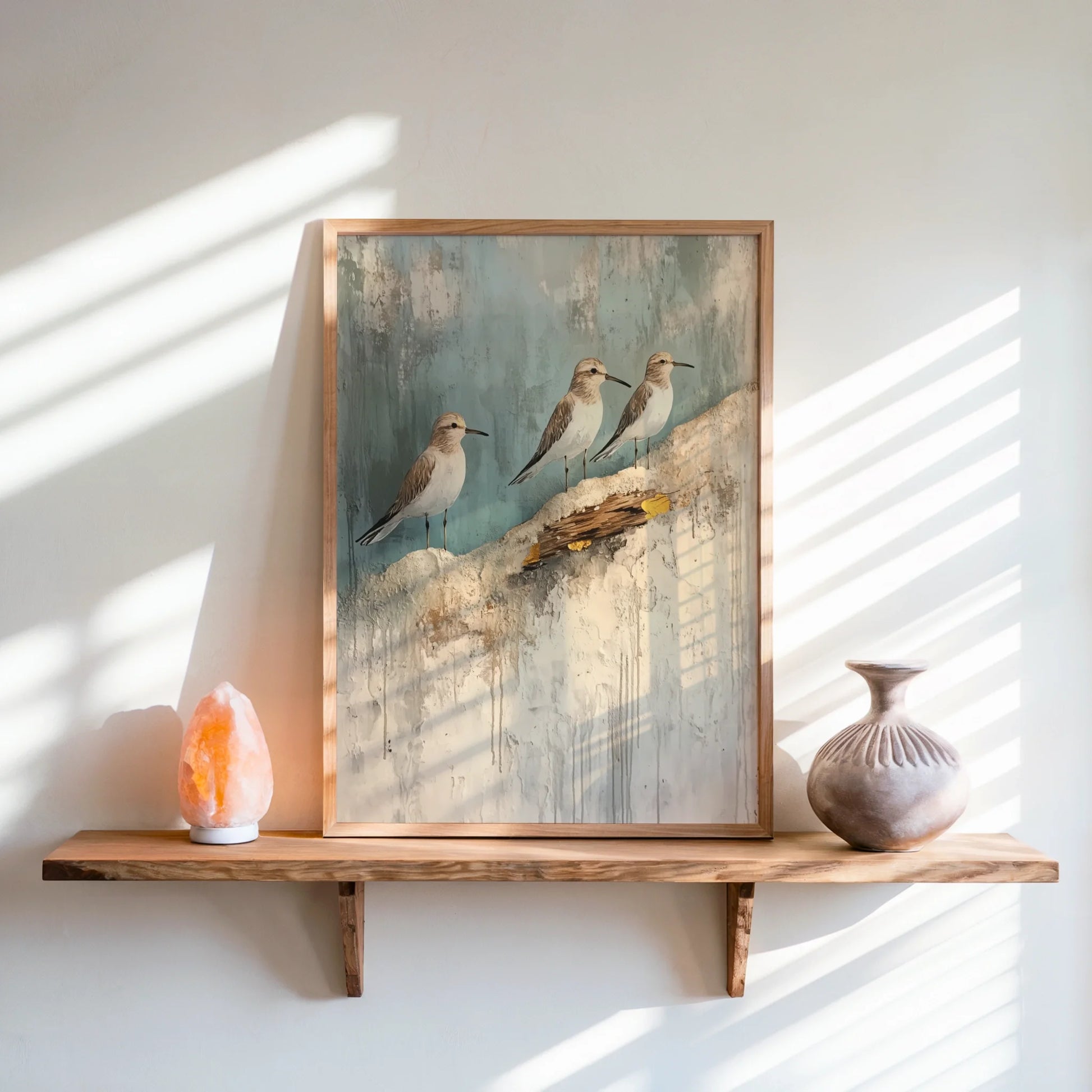 Coastal Birds Canvas Wall Art - Three Shore Birds on Cliffs — Clean ocean-themed artwork featuring seabirds on ancient stone bluffs in sage tones