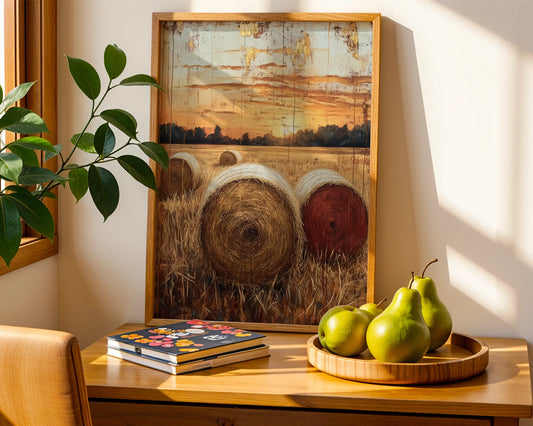 Rustic Farmhouse Hay Bales Harvest Sunset Canvas Wall Art — Vintage farmhouse canvas displaying scattered hay bales across autumn stubble in neutral bedroom setting