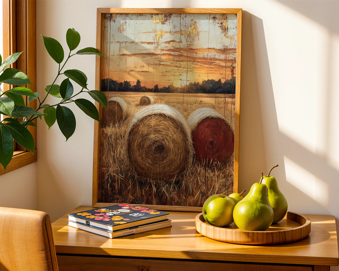 Rustic Farmhouse Hay Bales Harvest Sunset in room