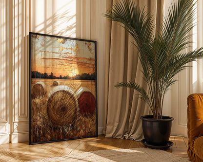 Rustic Farmhouse Hay Bales Harvest Sunset in room