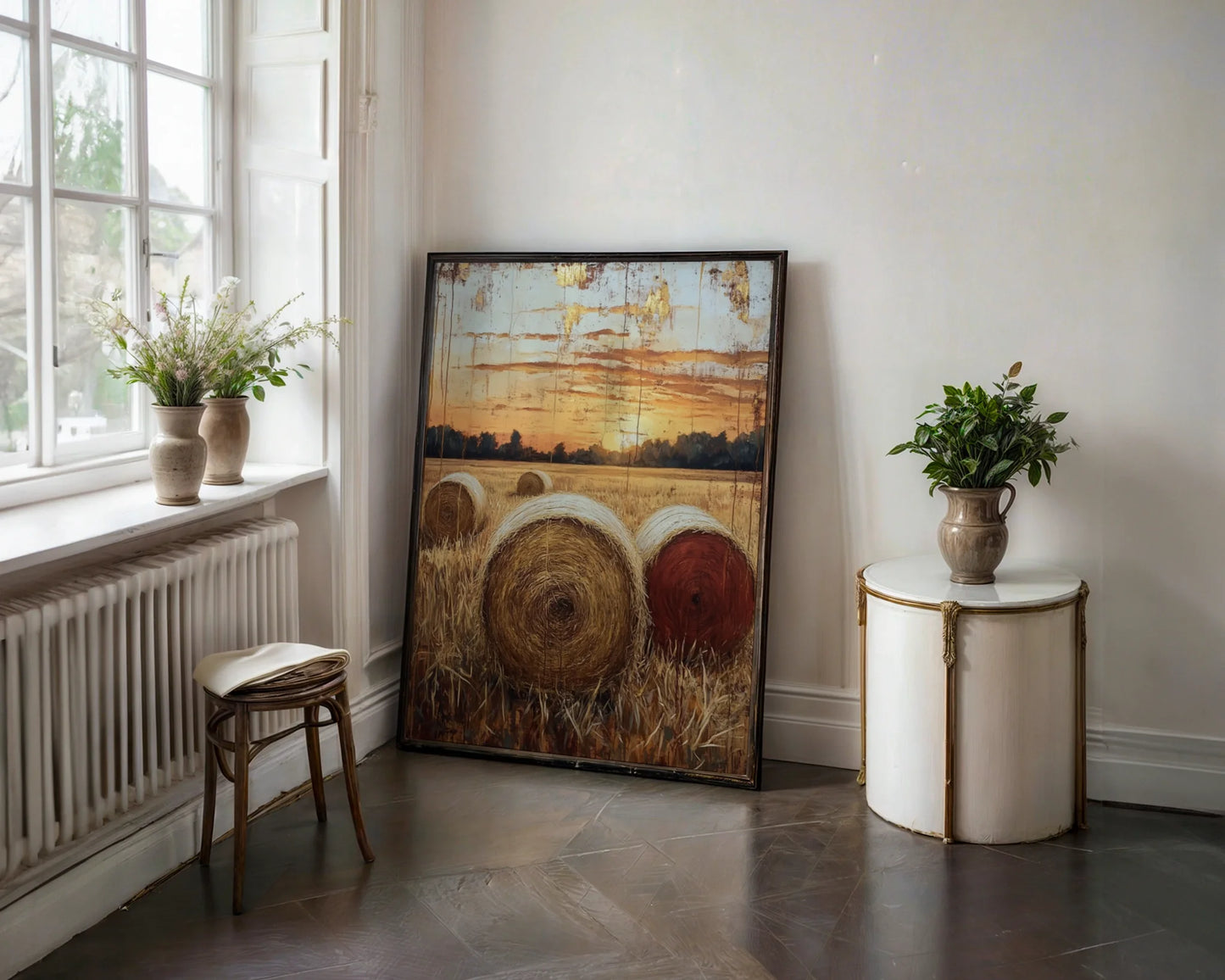 Rustic Farmhouse Hay Bales Harvest Sunset in room