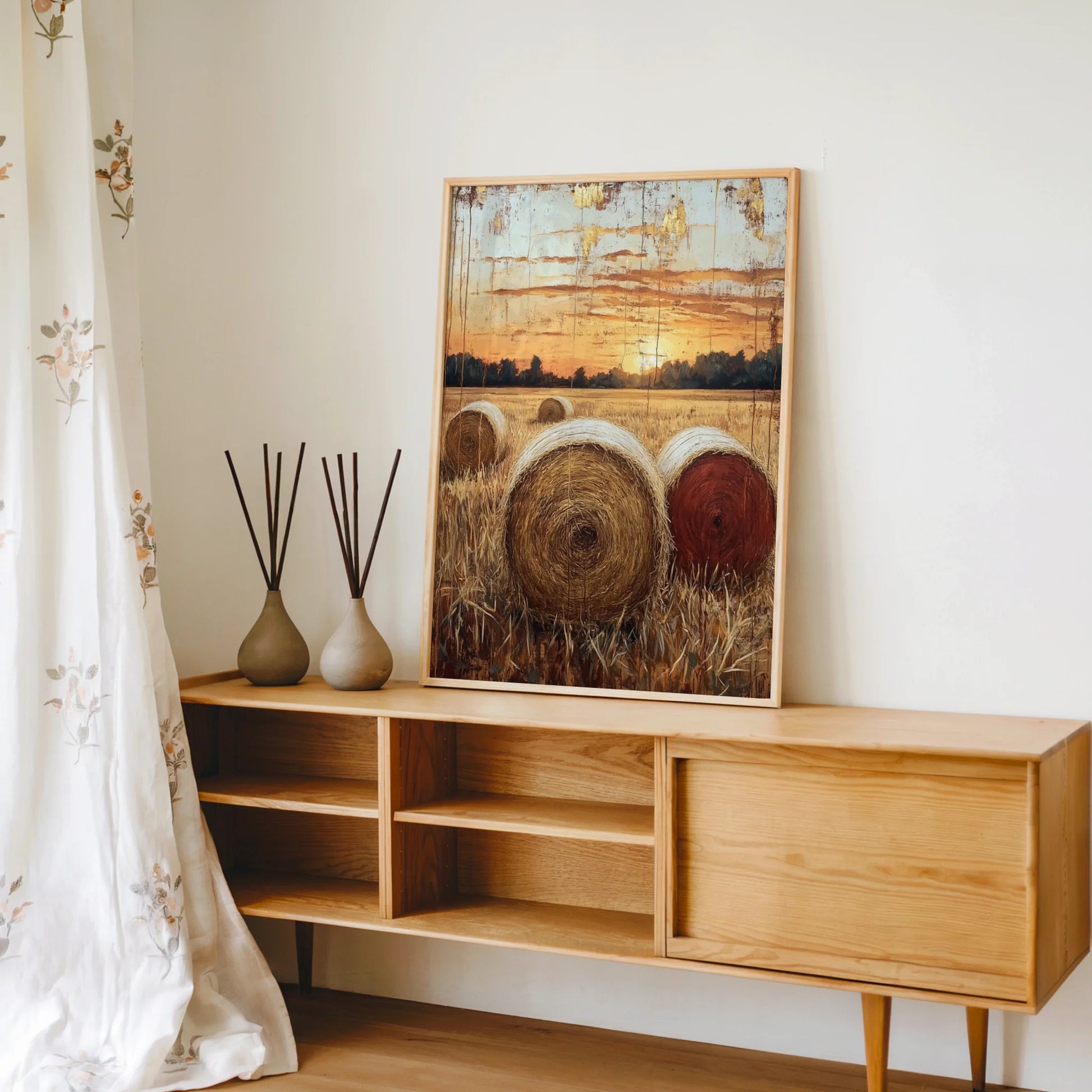 Rustic Farmhouse Hay Bales Harvest Sunset in room