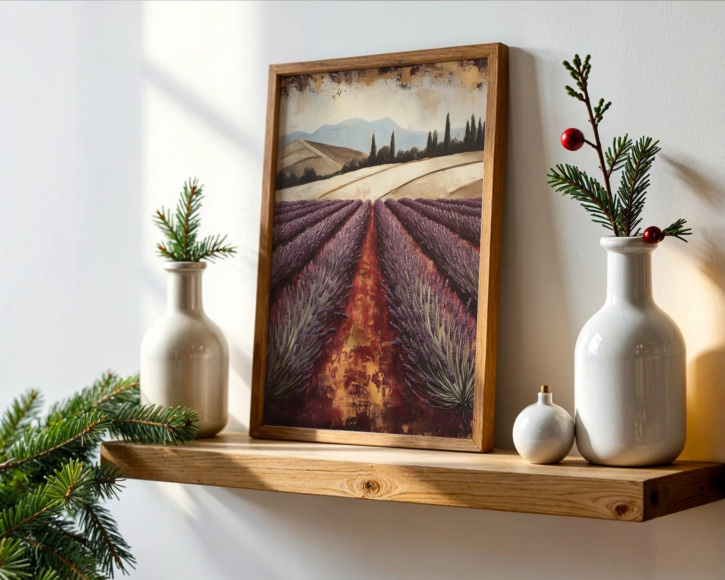 Lavender Field Tuscan Landscape Cypress Trees Canvas Wall Art — Antique-inspired artwork showing tall evergreen trees against misty horizons in cozy cottage setting