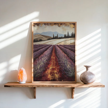 Lavender Field Tuscan Landscape Cypress Trees Canvas Wall Art — French countryside canvas with blooming herb rows displayed in romantic shabby chic room decor
