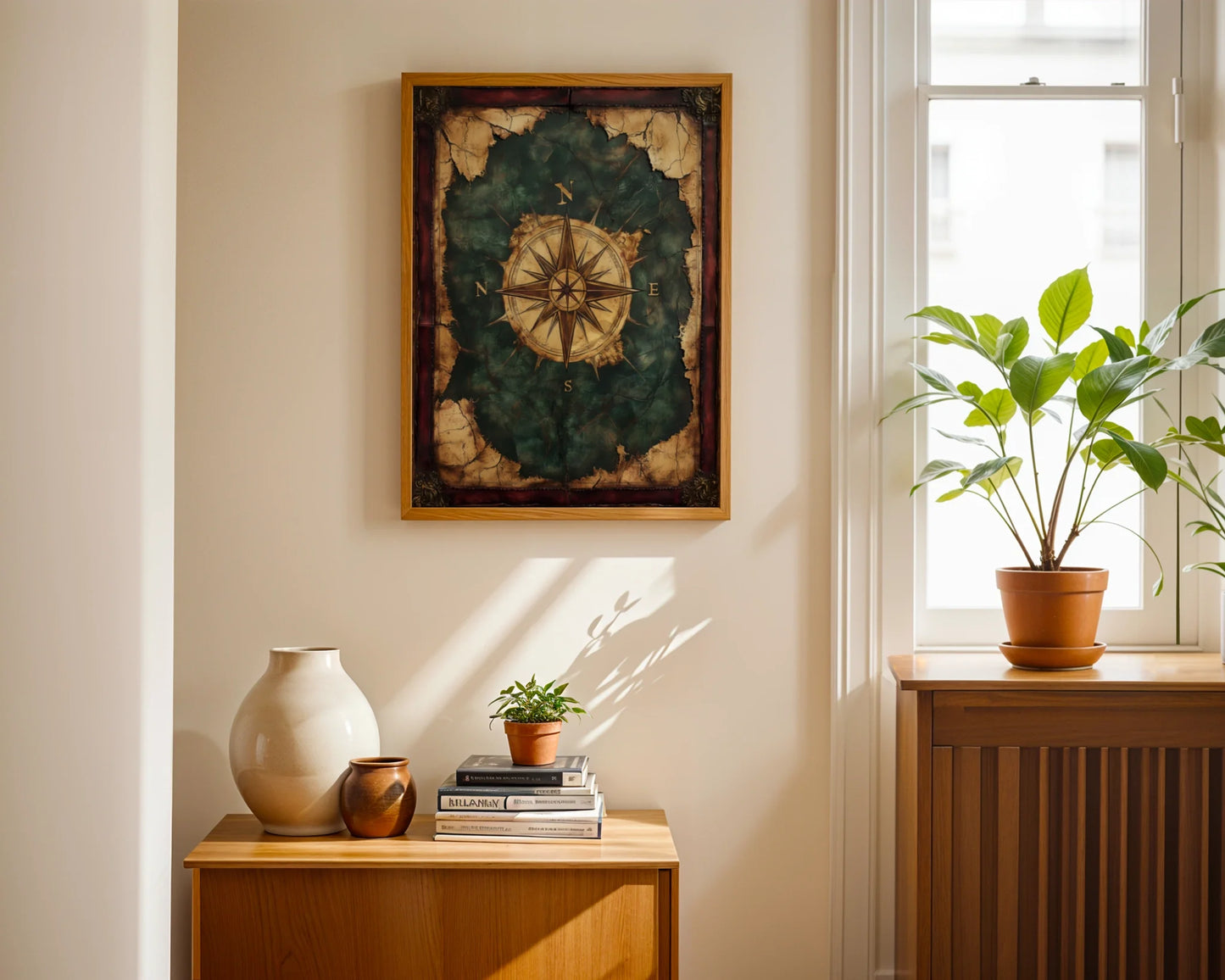 Nautical Compass Rose Emerald Seas Dark Academia Art in room